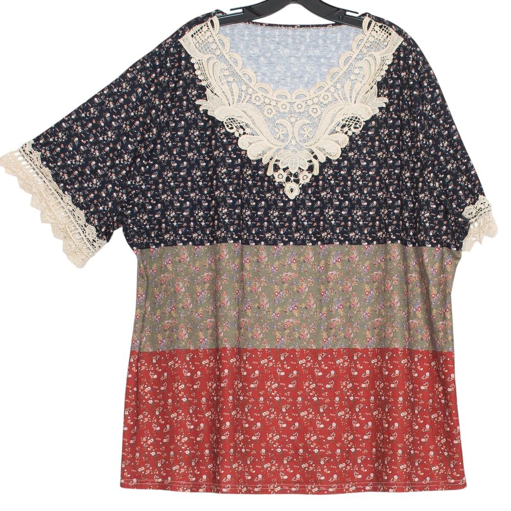 Boho Cottagecore Peasant Top Ditsy Floral Lace Trim Prairie Flowy Plus Size 6XL